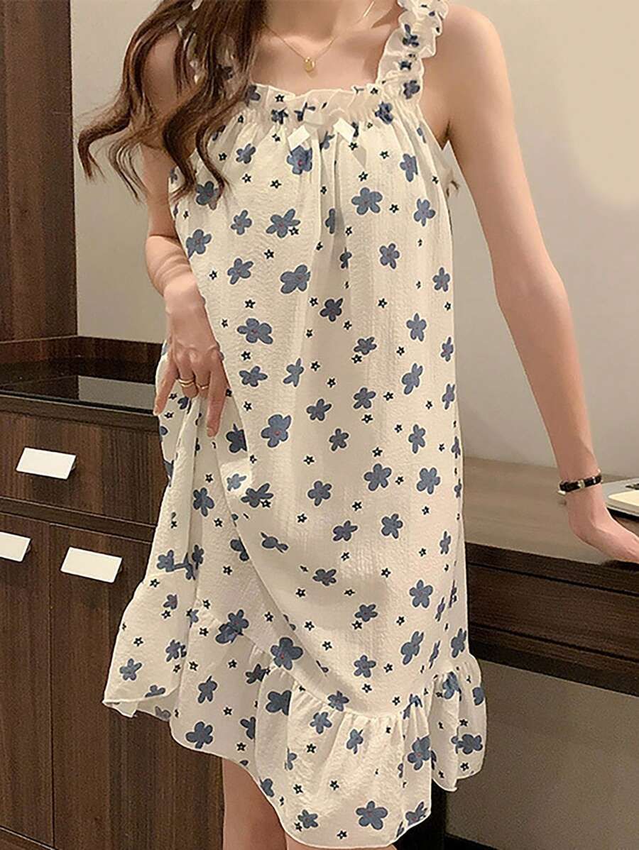 Women White Blue Floral Ruffle Nightdress
