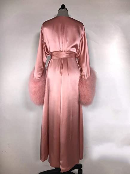 Women Peach Satin Robe With Fur Cuffs