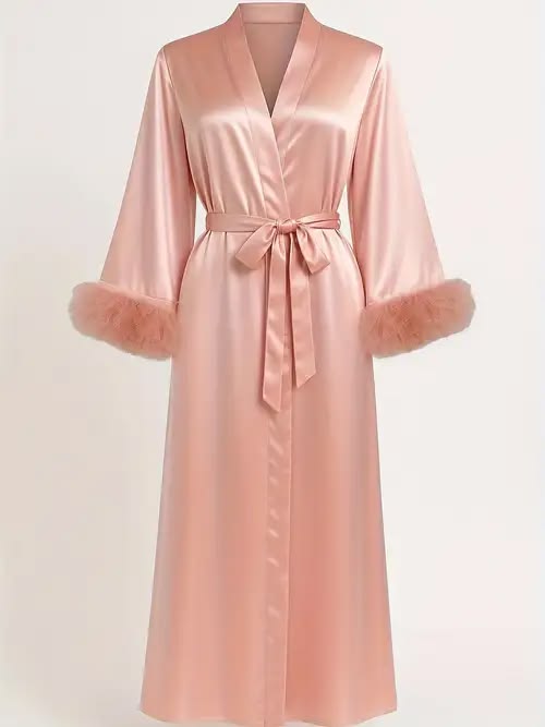 Women Peach Satin Robe With Fur Cuffs