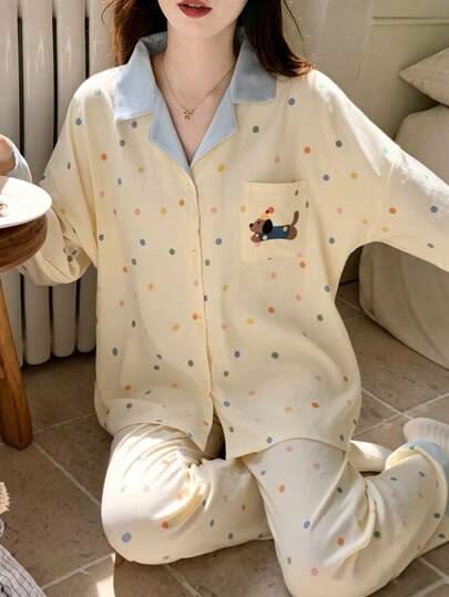 Women Cream Printed Full Sleeve Pajama Set