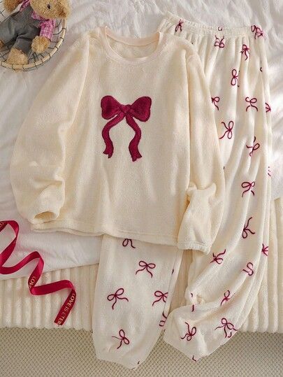 Women Cream Bow Print Cozy Fleece Nightwear Set