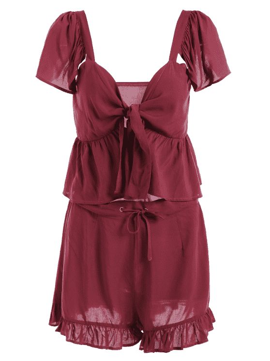 Women Burgundy Ruffle 2 Piece Nightwear Set