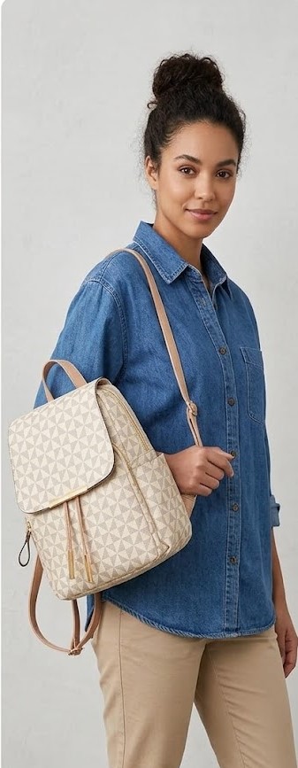 Women Beige Geometric Print Backpack