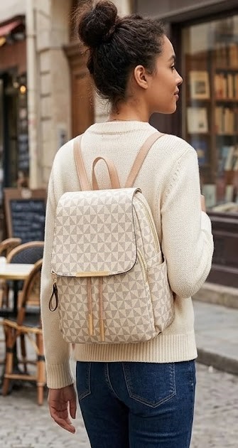 Women Beige Geometric Print Backpack
