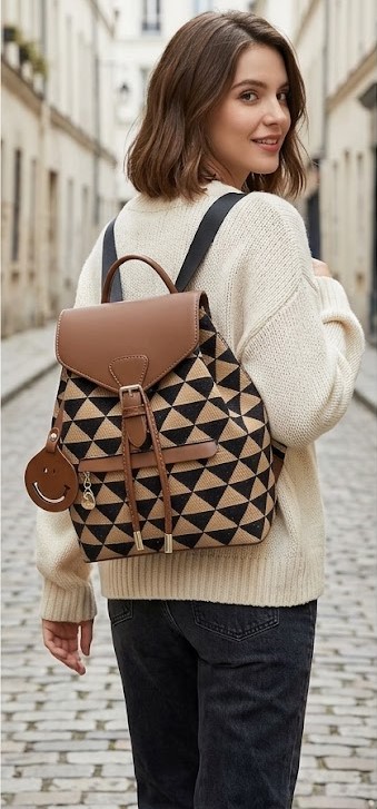 Women Black Beige Geometric Backpack