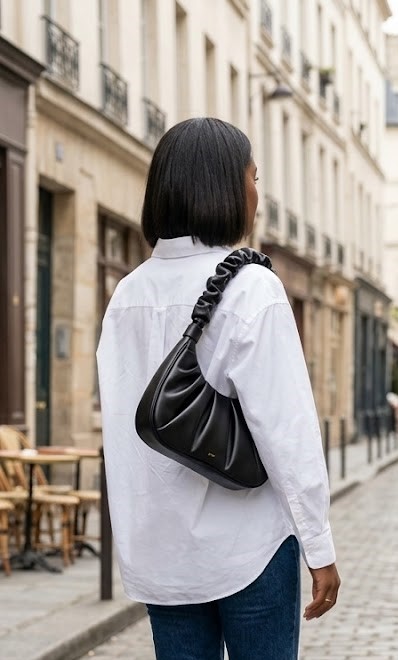 Women Black Ruched Faux Leather Shoulder Bag