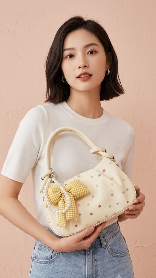 Women Cream Polka Dot Bow Handbag