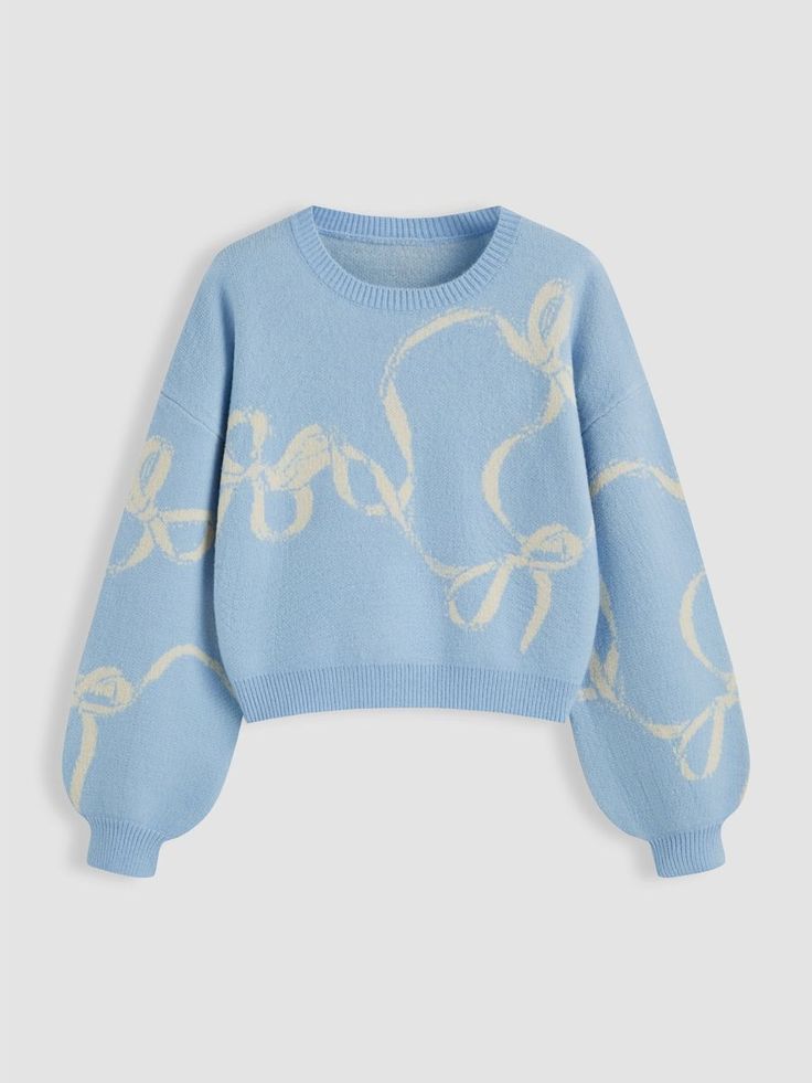 Sky Blue Bow Pattern Knit Sweater