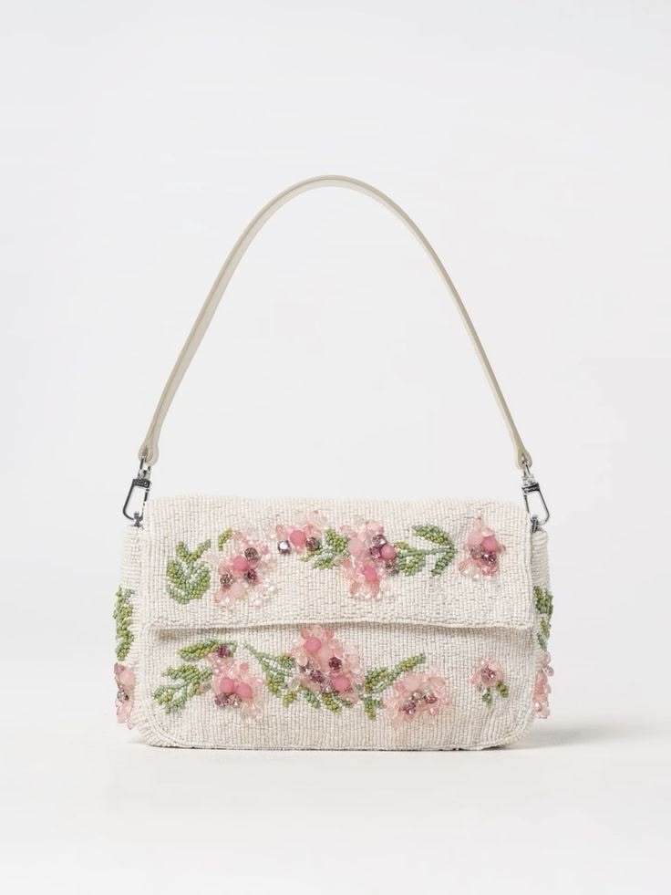 Women White Floral Beaded Shoulder Bag