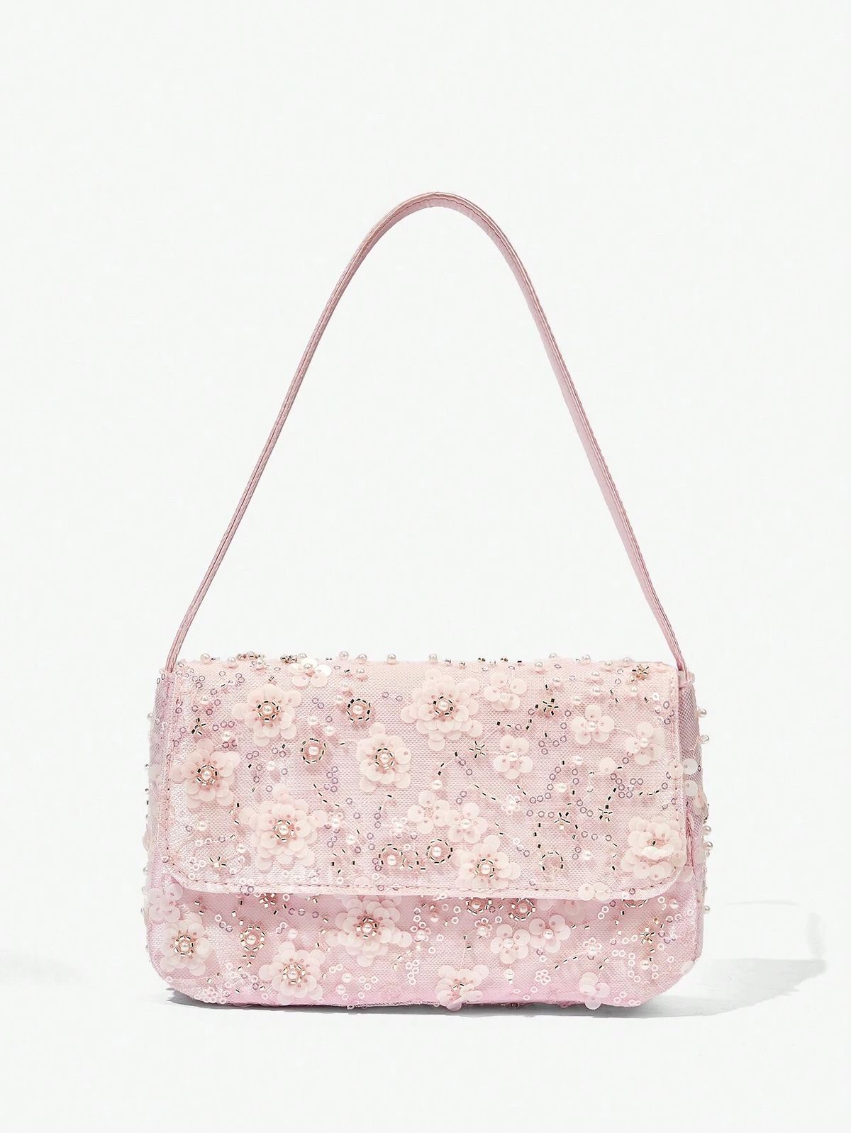 Women Pink Sequin Floral Shoulder Bag