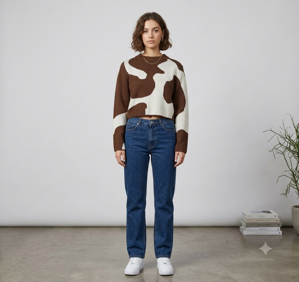 Brown Cream Abstract Print Knit Sweater