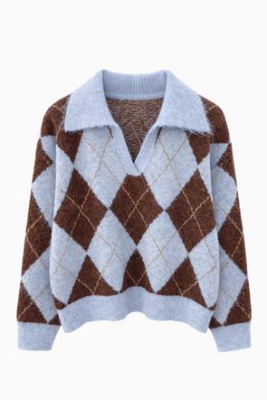 Brown Blue Argyle Collar Knit Sweater