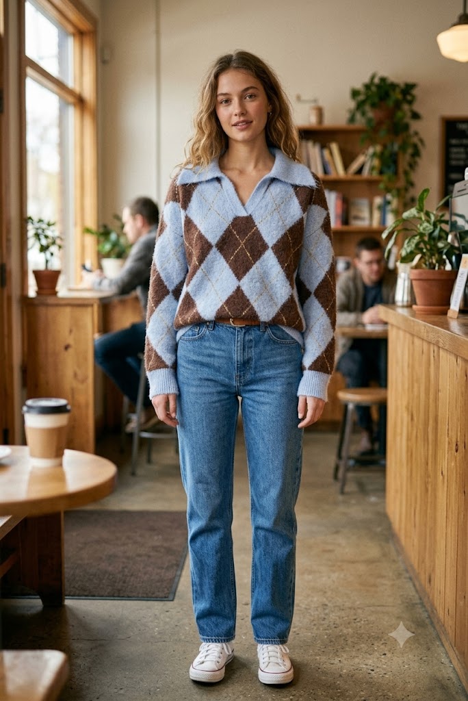 Brown Blue Argyle Collar Knit Sweater