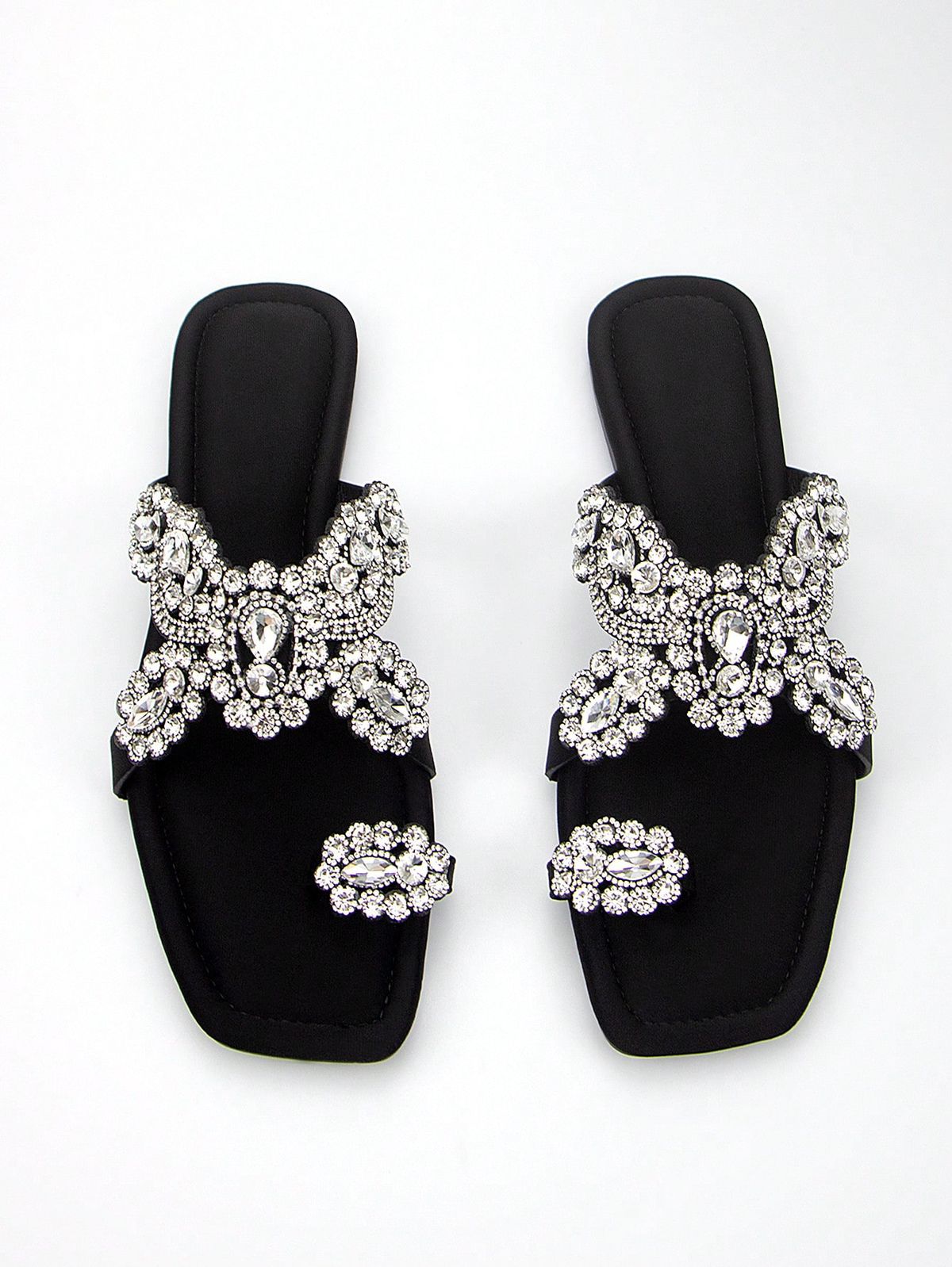 Crystal Embellished Black Flat Sandals