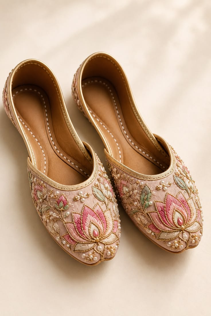 White Floral Embroidered Flats