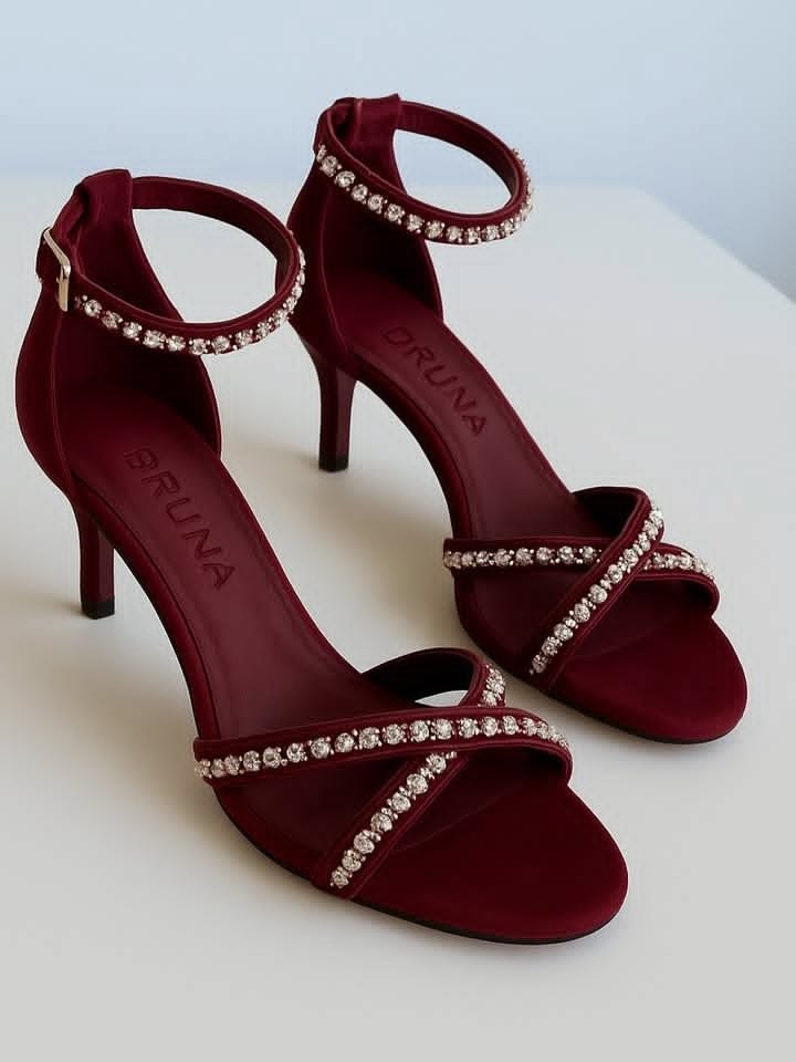 Burgundy Rhinestone Ankle Strap Heels