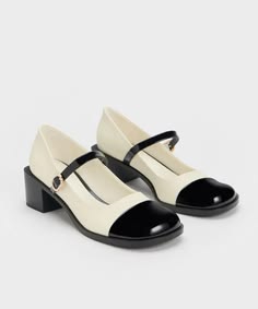 Cream Black Mary Jane Block Heels