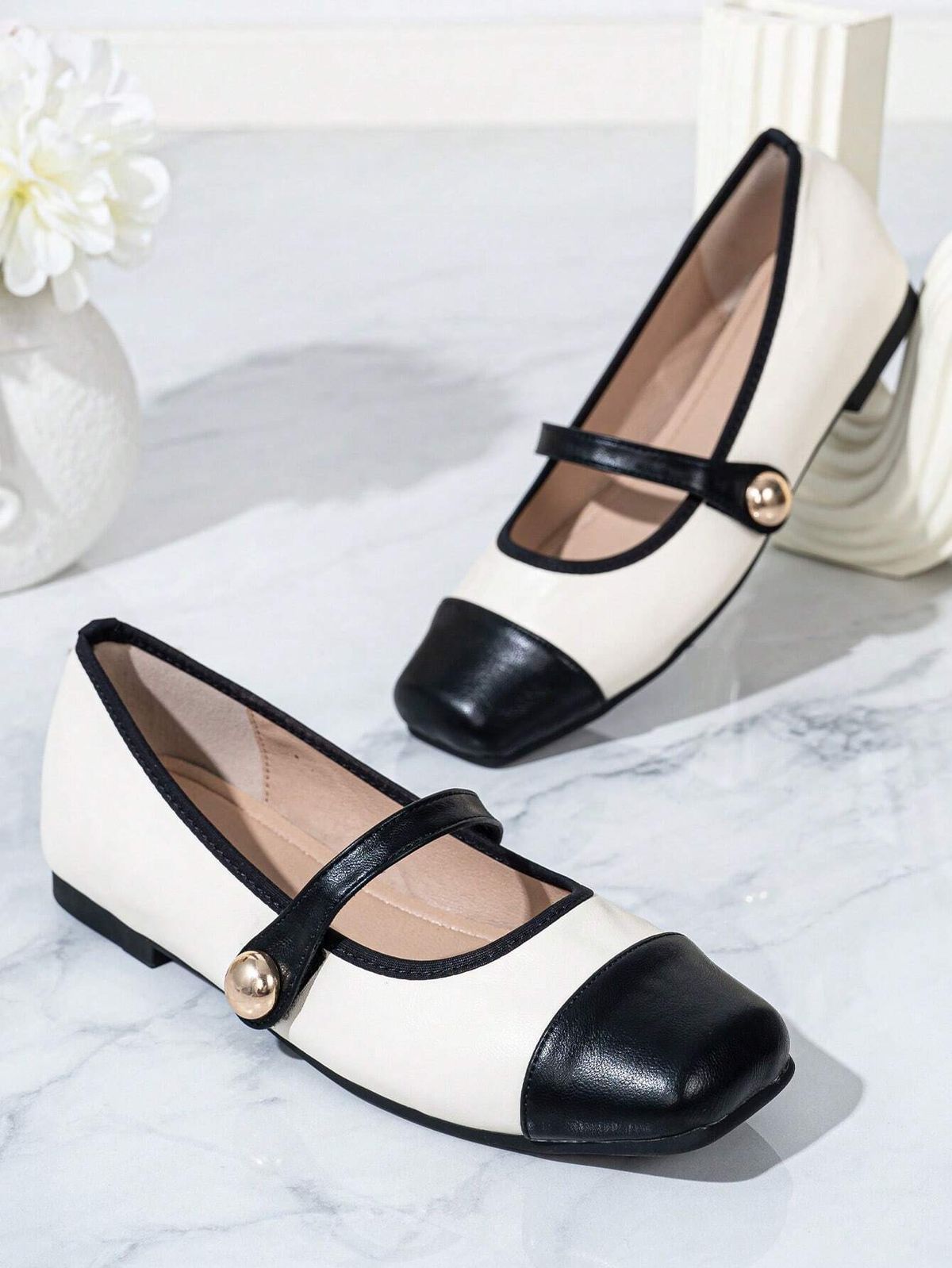 Cream Black Mary Jane Block Heels