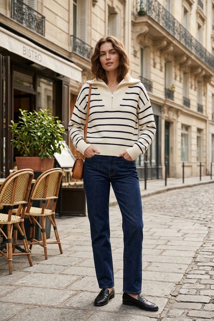 Cream Navy Striped Collared Knit Sweater