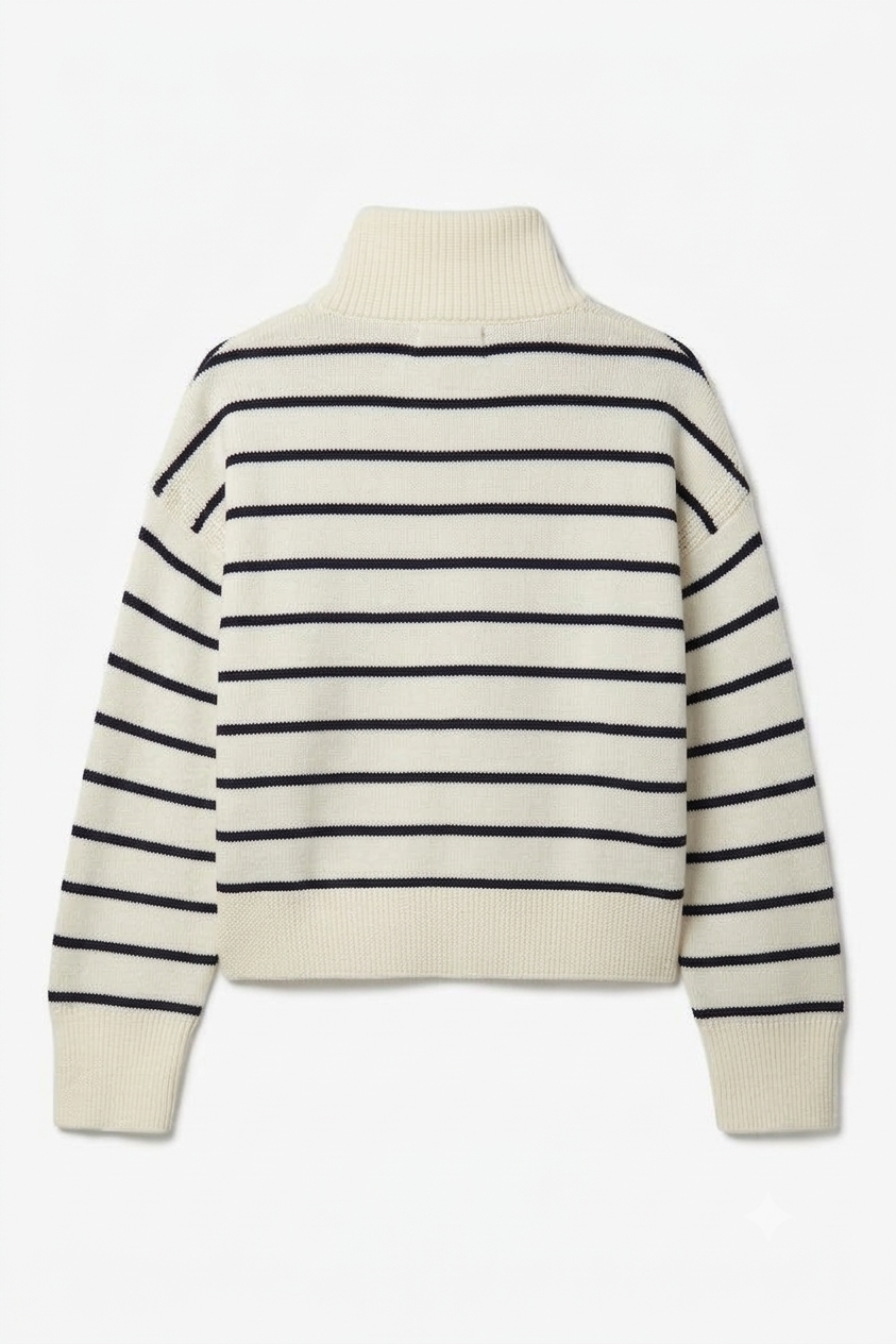 Cream Navy Striped Collared Knit Sweater