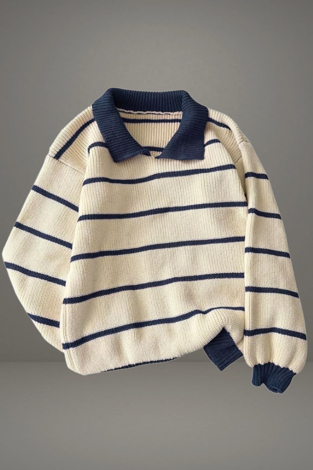 Cream Navy Striped Collared Knit Sweater