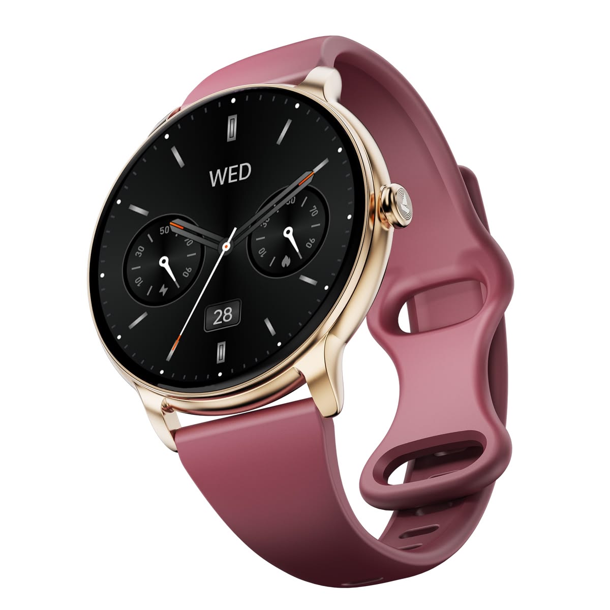 Rose Gold Round Smartwatch With Burgundy Silicone Strap