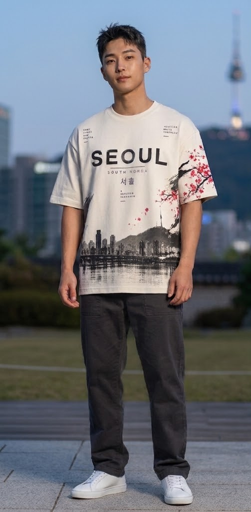 Men's Seoul Graphic Oversized Streetwear T-Shirt - Off-White