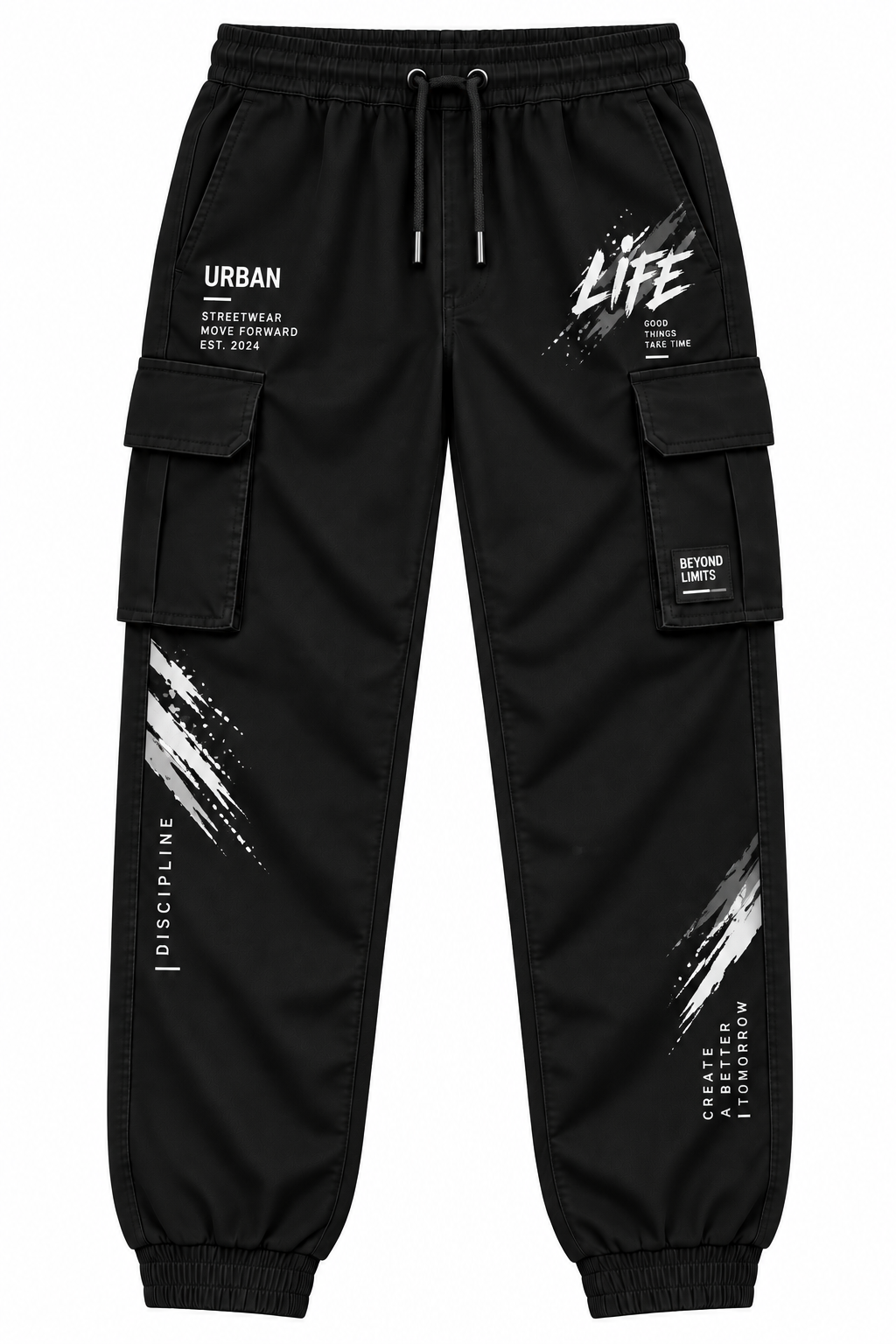 Men's Urban Streetwear Graphic Cargo Joggers - Pitch Black