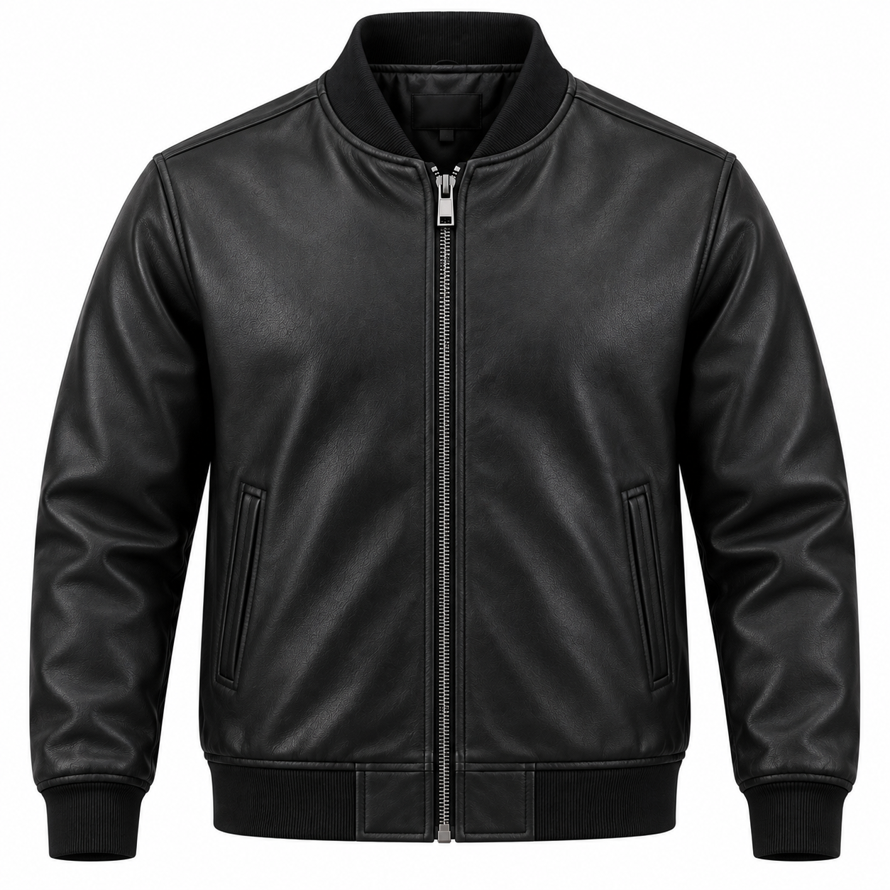 Men's Classic Faux Leather Bomber Jacket - Midnight Black
