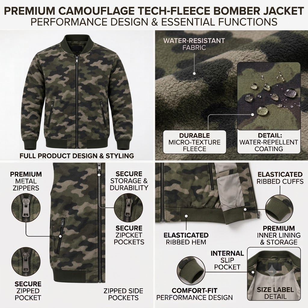 Men's Woodland Camouflage Sherpa Bomber Jacket - Olive Camo