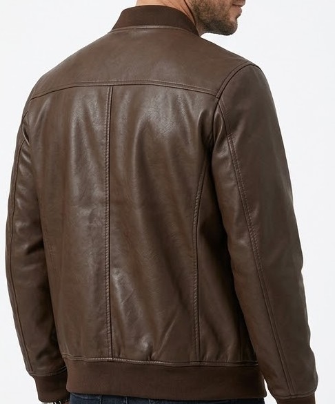 Men's Classic Faux Leather Bomber Jacket - Espresso Dark Brown