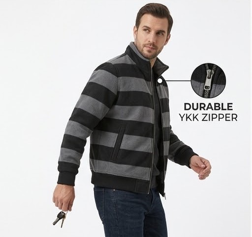 Men's Retro Striped Stand-Collar Bomber Jacket - Charcoal & Black