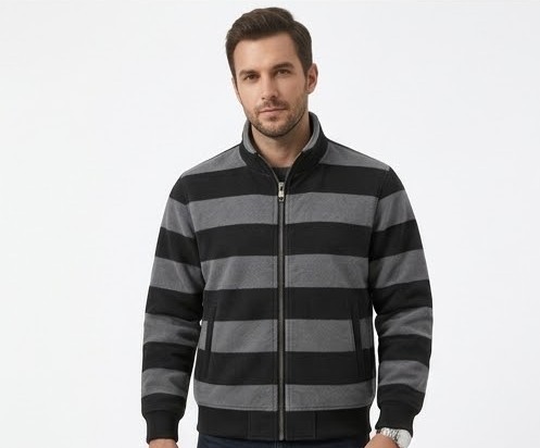 Men's Retro Striped Stand-Collar Bomber Jacket - Charcoal & Black