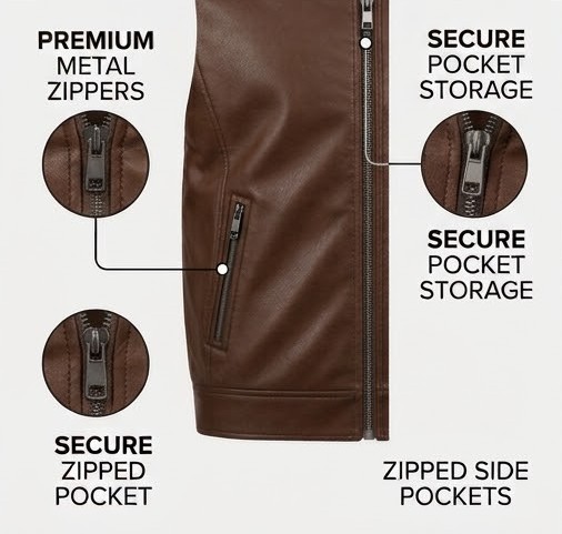 Men's Classic Faux Leather Bomber Jacket - Chestnut Warm Brown