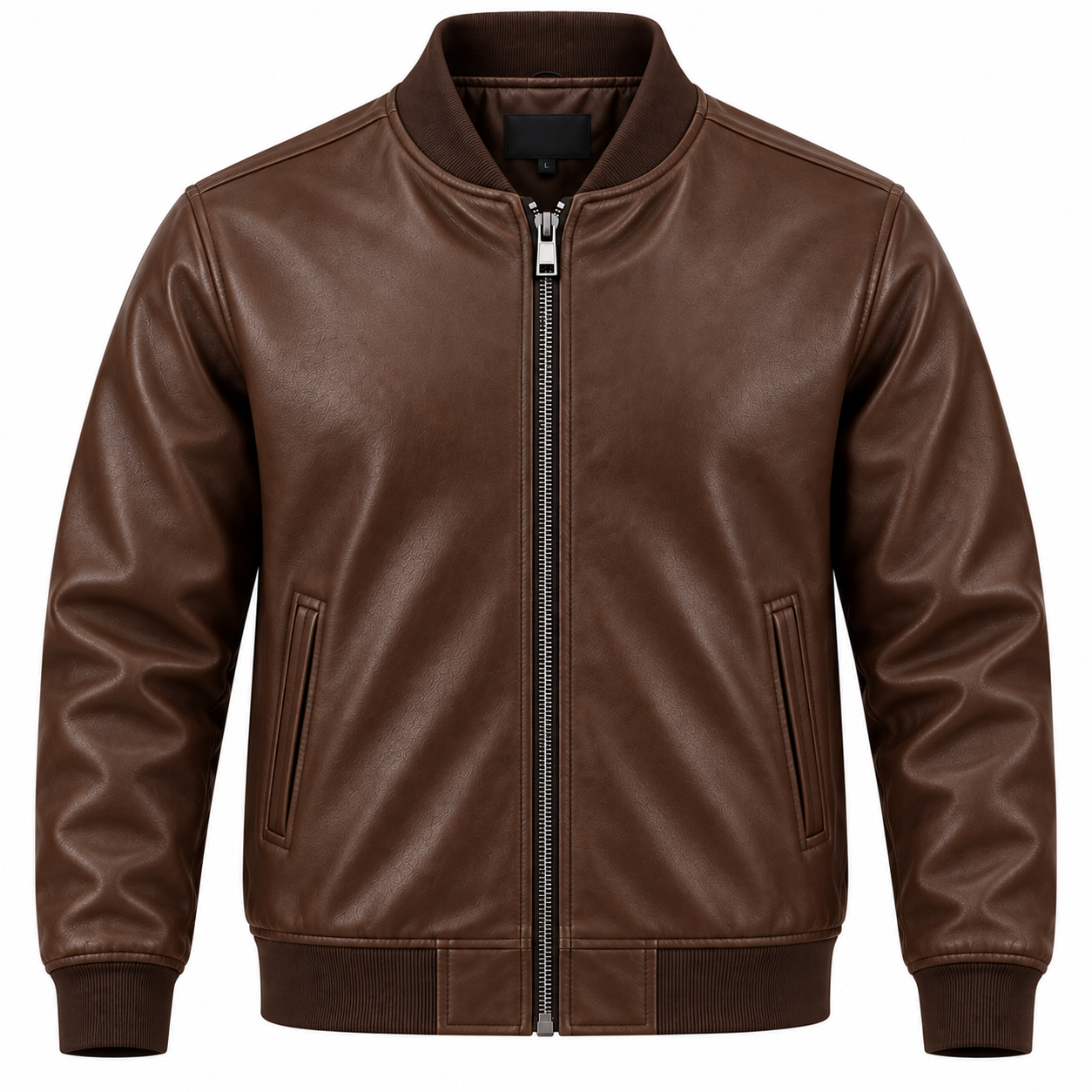 Men's Classic Faux Leather Bomber Jacket - Chestnut Warm Brown