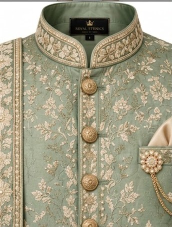 Men's Royal Embroidered Wedding Sherwani Set - Sage Green