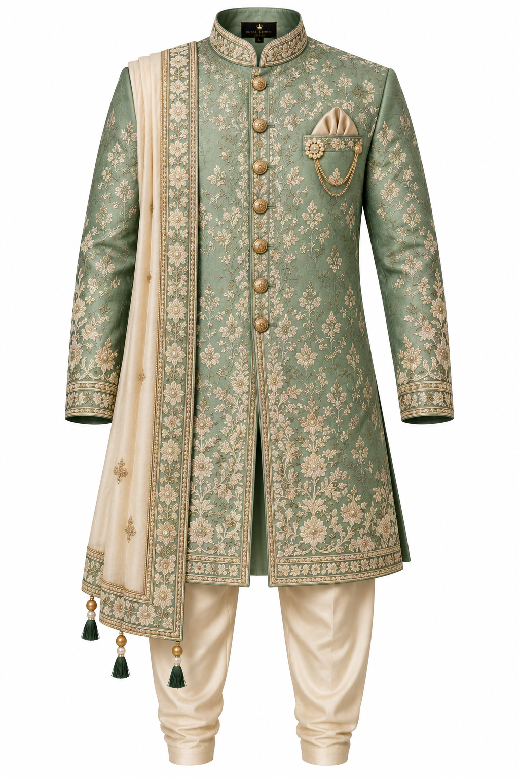 Men's Royal Embroidered Wedding Sherwani Set - Sage Green