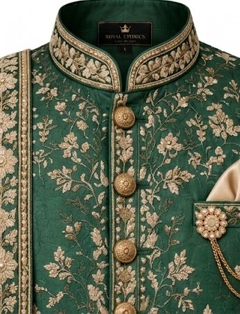 Men's Royal Zardozi Embroidered Sherwani Set - Emerald Green