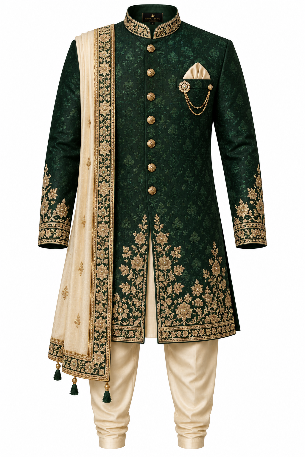 Men's Royal Zardozi Embroidered Sherwani Set - Emerald Green