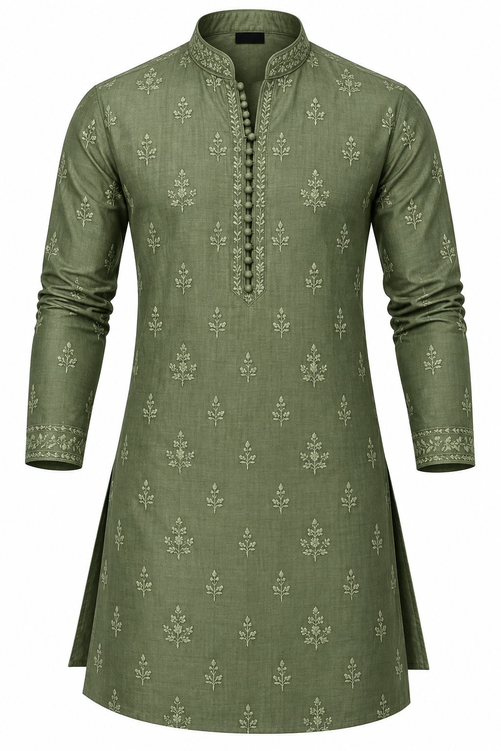 Men's Embroidered Linen Silk Kurta - Muted Olive
