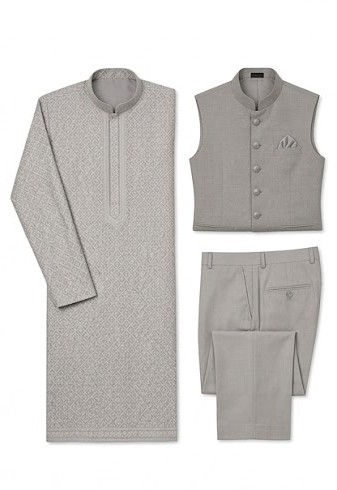 Men's Self-Design Bundi Jacket & Kurta Pyjama Set - Slate Grey