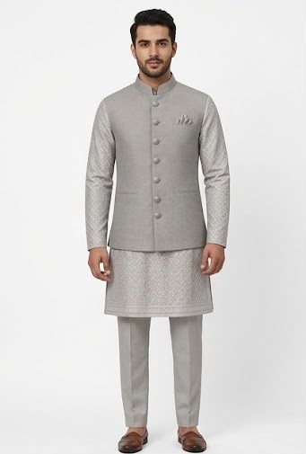 Men's Self-Design Bundi Jacket & Kurta Pyjama Set - Slate Grey