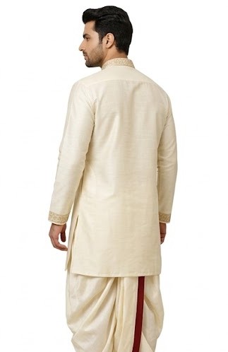 Men's Raw Silk Festive Kurta & Dhoti Set - Ivory Cream