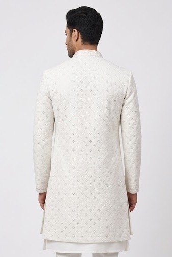 Men's Chikankari Embroidered Indo-Western Sherwani - Pristine White