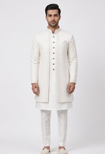Men's Chikankari Embroidered Indo-Western Sherwani - Pristine White