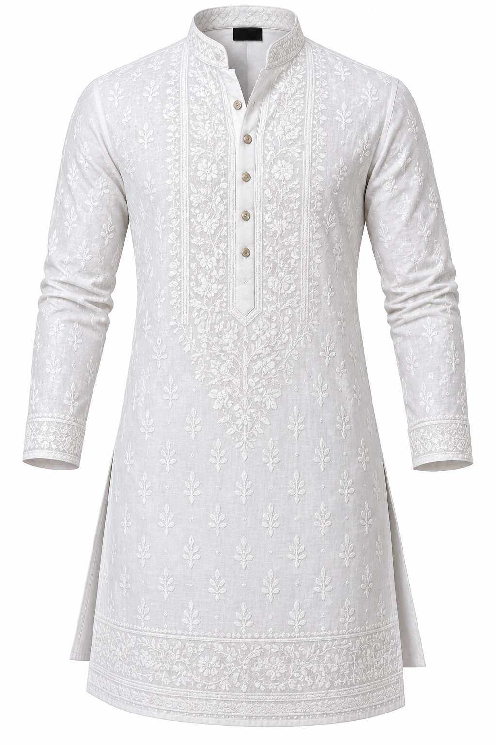 Men's Handcrafted Lucknowi Chikankari Long Kurta - Pure White