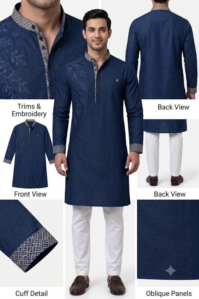 Men's Modern Asymmetric Printed Cotton Kurta - Indigo Blue