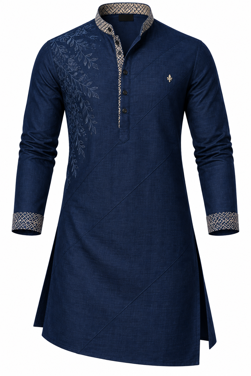 Men's Modern Asymmetric Printed Cotton Kurta - Indigo Blue
