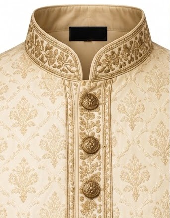 Men's Woven Jacquard Silk Indo-Western Kurta - Beige Gold
