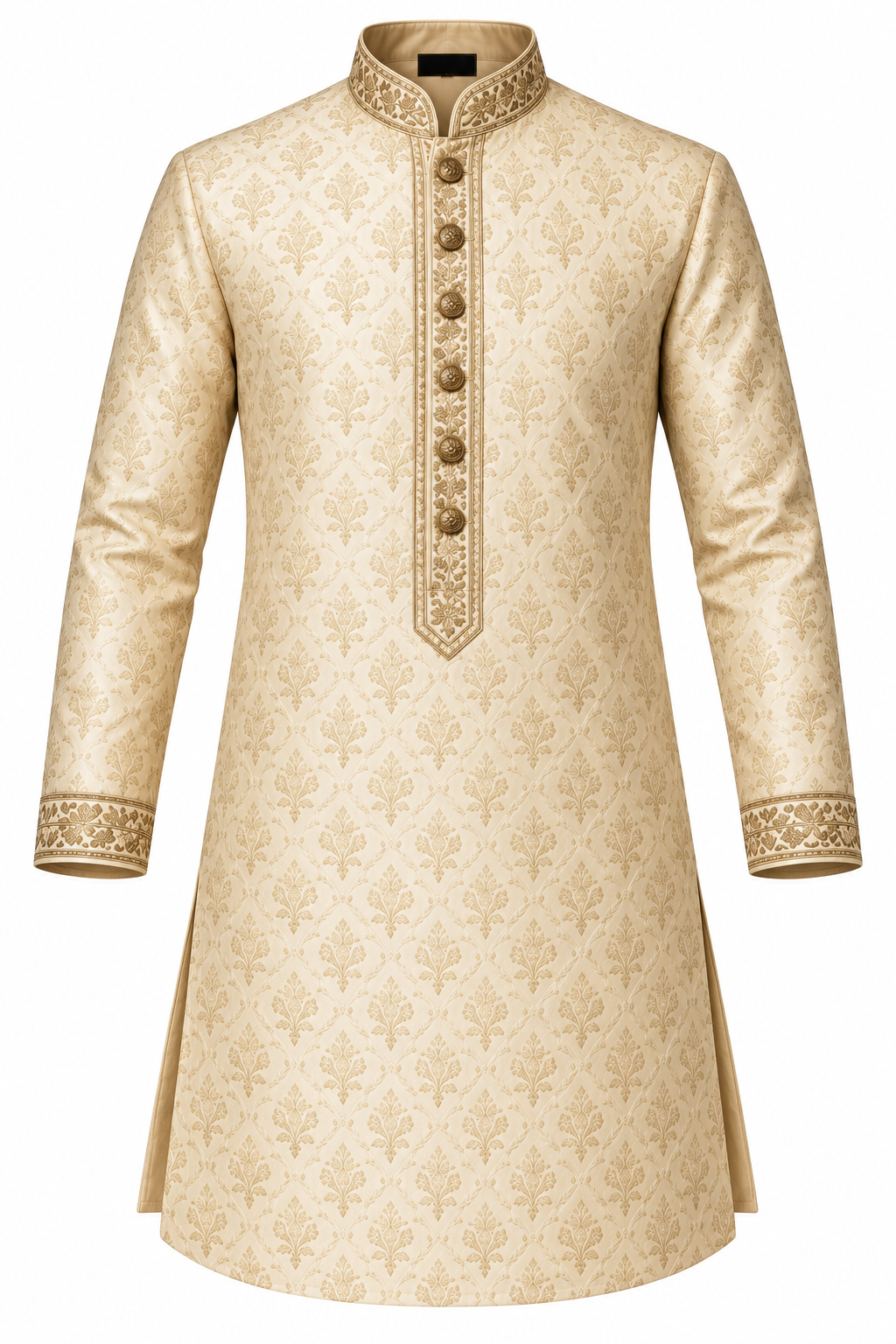 Men's Woven Jacquard Silk Indo-Western Kurta - Beige Gold